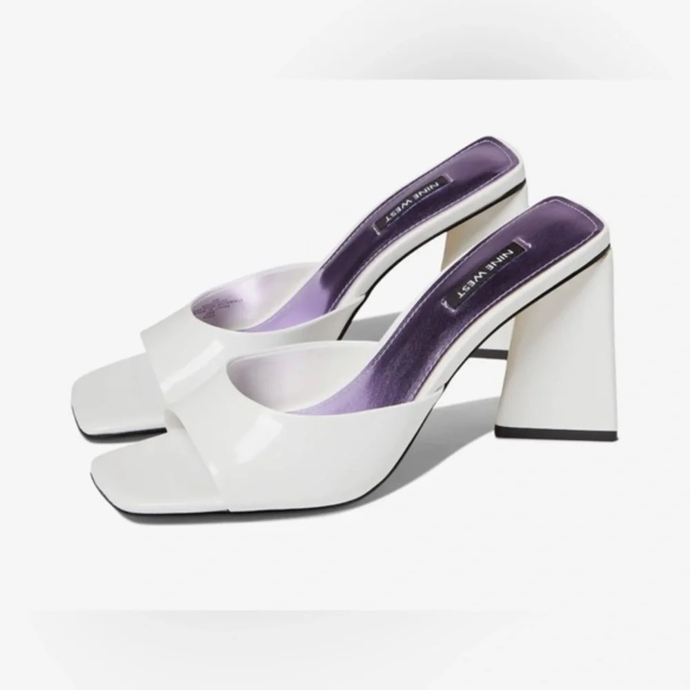 Nine West® Yougo 3 white patent square‎ toe mule heels size 10 brand new